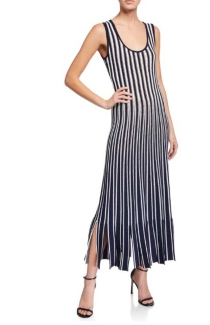 $1700 Lela Rose Navy Blue Cream Striped Stretch Crocheted Knit Midi Dress Size M